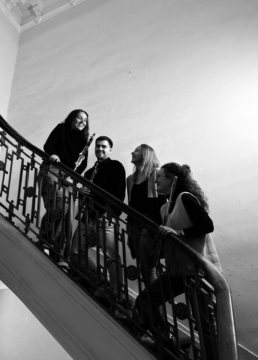 Aer Clave Ensemble on a staircase with their instruments
